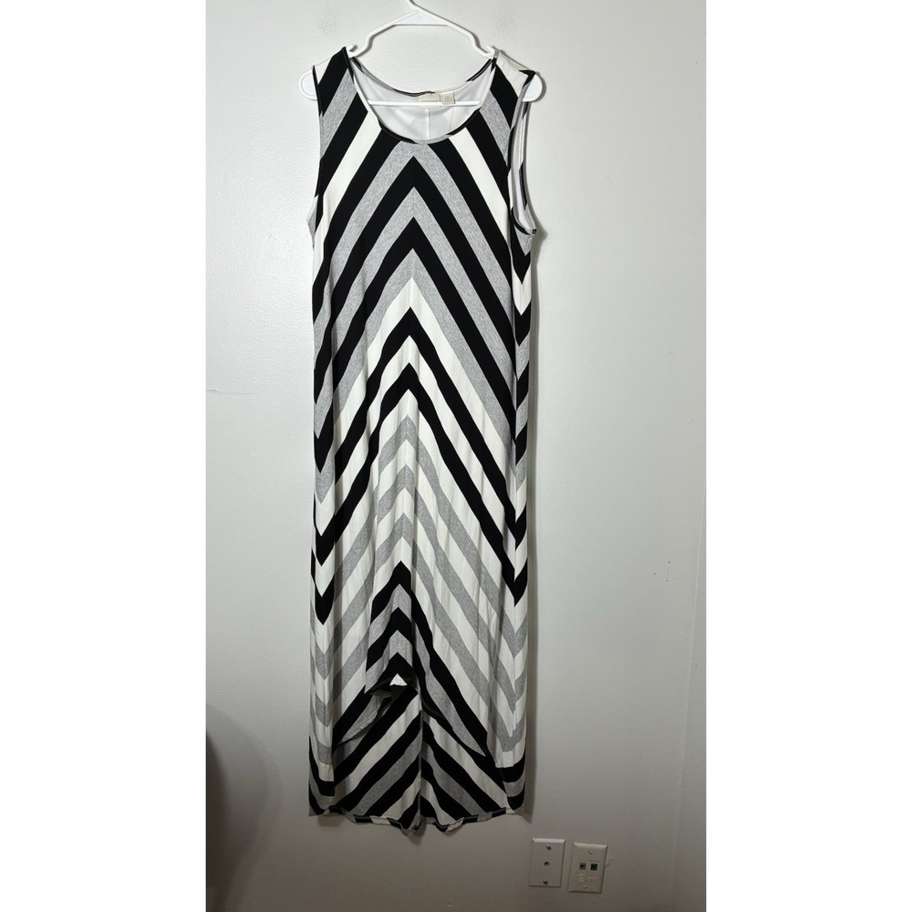 NEW! Chicos Mid Tiered Lexi Dress Black White Gray Chevron Hi-Low Sz Large